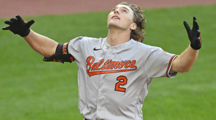Gunnar Henderson looks to the sky after hitting his first career home run vs. Cleveland.